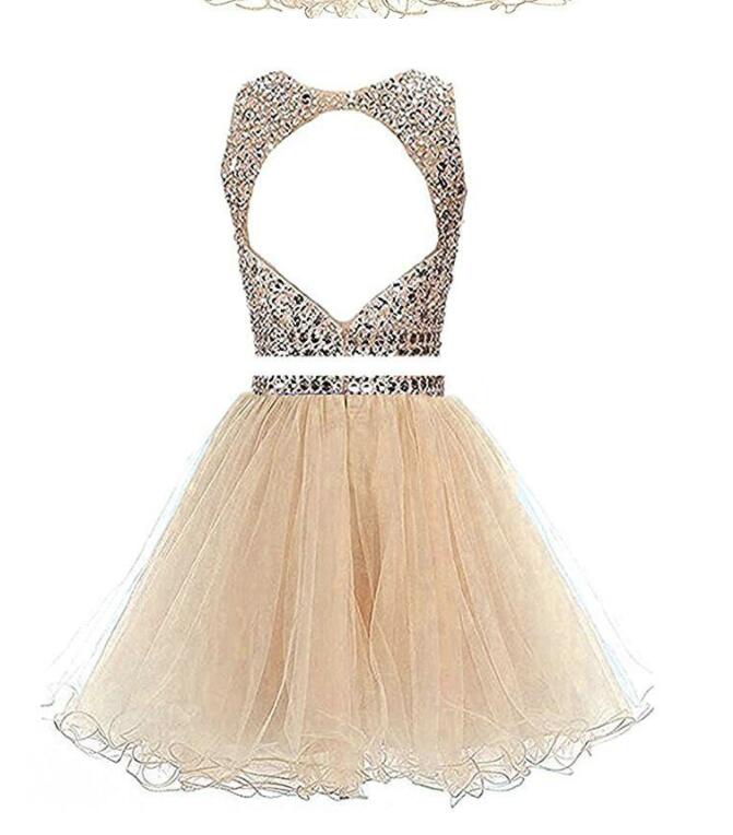 solvbao Two Piece Champagne Cute Short Sequins Party Dress, Round Neckline Prom Dress Homecoming Dress