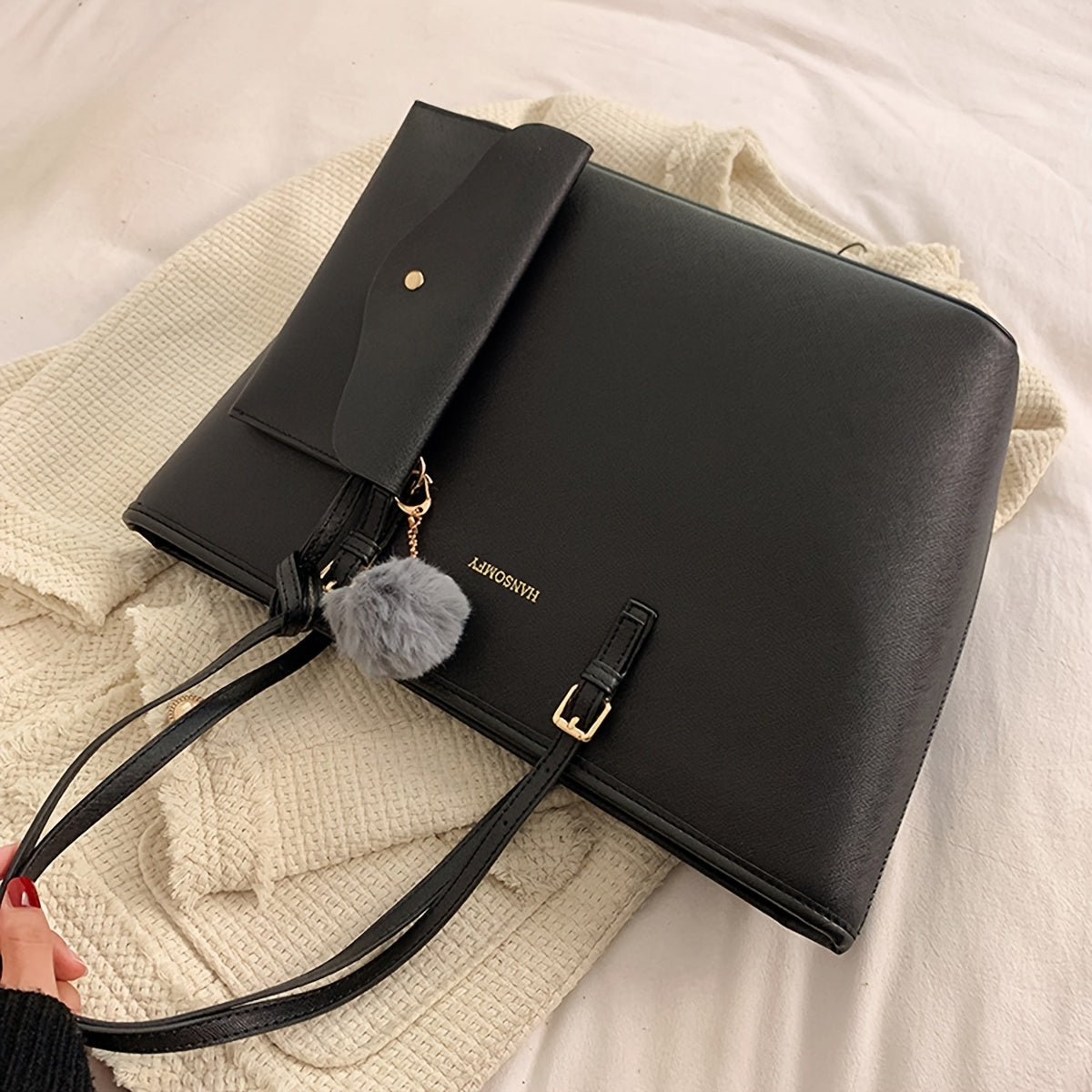 Classic Simple Tote Shoulder Bag, Solid Color Faux Leather Handbag, Large-capacity Bag With Pom Pom & Mini Bag
