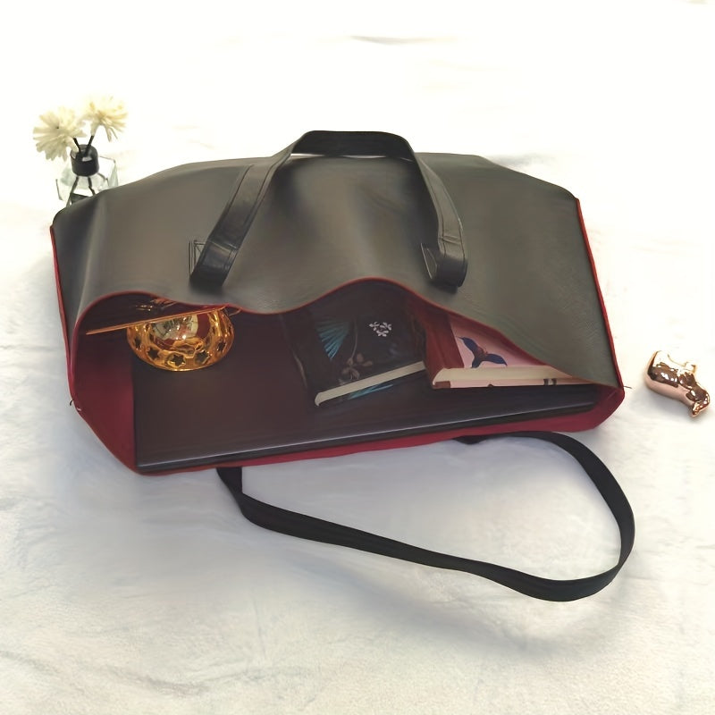 Large Capacity Shoulder Bag, PU Leather Handbag, Simple Style Solid Color Tote Bag