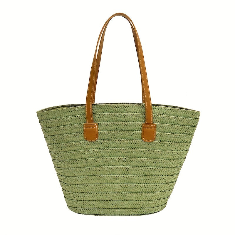 solvbao Woven Straw Tote Bag, Portable Double Handle Stylish Handbag, Zipper Braided Straw Slouchy French Style Beach Bag