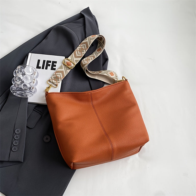 solvbao Small Wide Strap Solid Color Crossbody Bag, PU Leather Textured Bag Purse, Classic Versatile Fashion Shoulder Bag