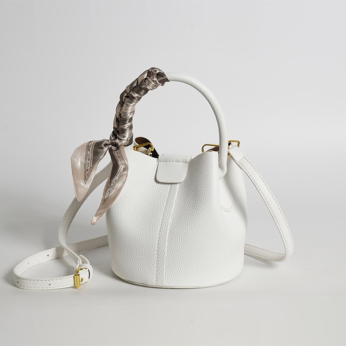 Litchi Embossed Top Handle Bucket Bag, Twilly Scarf Decor Crossbody Bag With Inner Pouch
