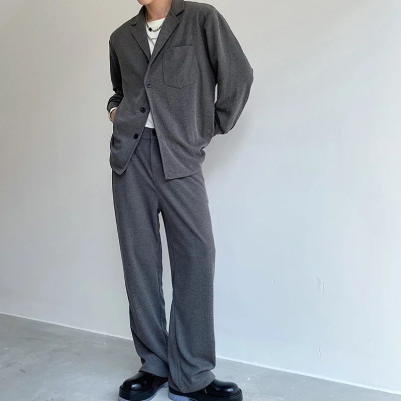 Solvbao - Notched Menswear Single Breasted Long Sleeve Shirts And Casual Wide Leg Straight Pants Tide New Two Pieces Set 2D0830