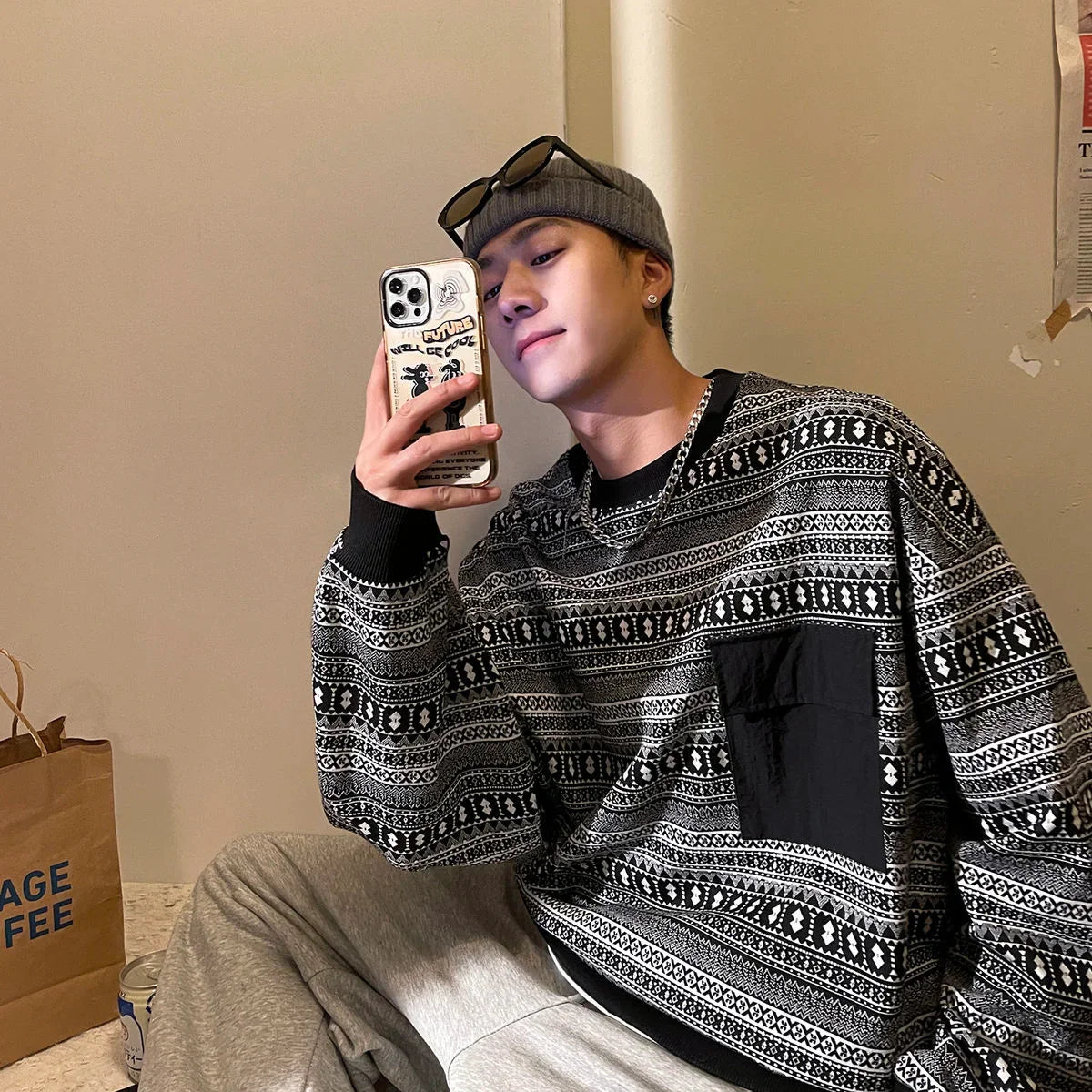 Solvbao - Men's Fashion Trend Printing Coats Round Neck Hoodies Cotton Casual Clothes Sweatshirts Black Oversized Pullover M-2XL