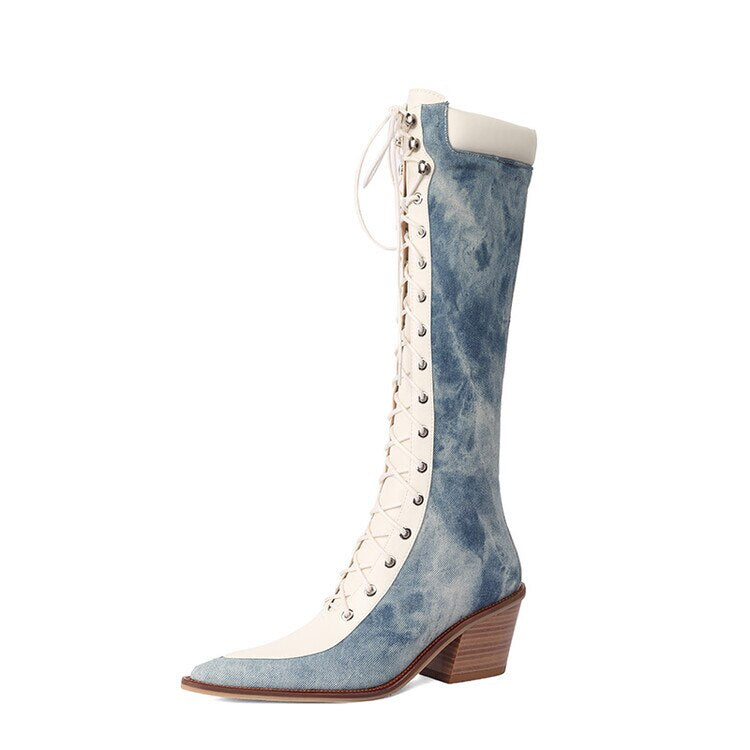 Solvbao Autumn Shoes Autumn Boots Women Jean Shoes for Women Pointed Toe Chunky Heel Western Boots Knee-High Boots Denim Boots казаки женские обувь