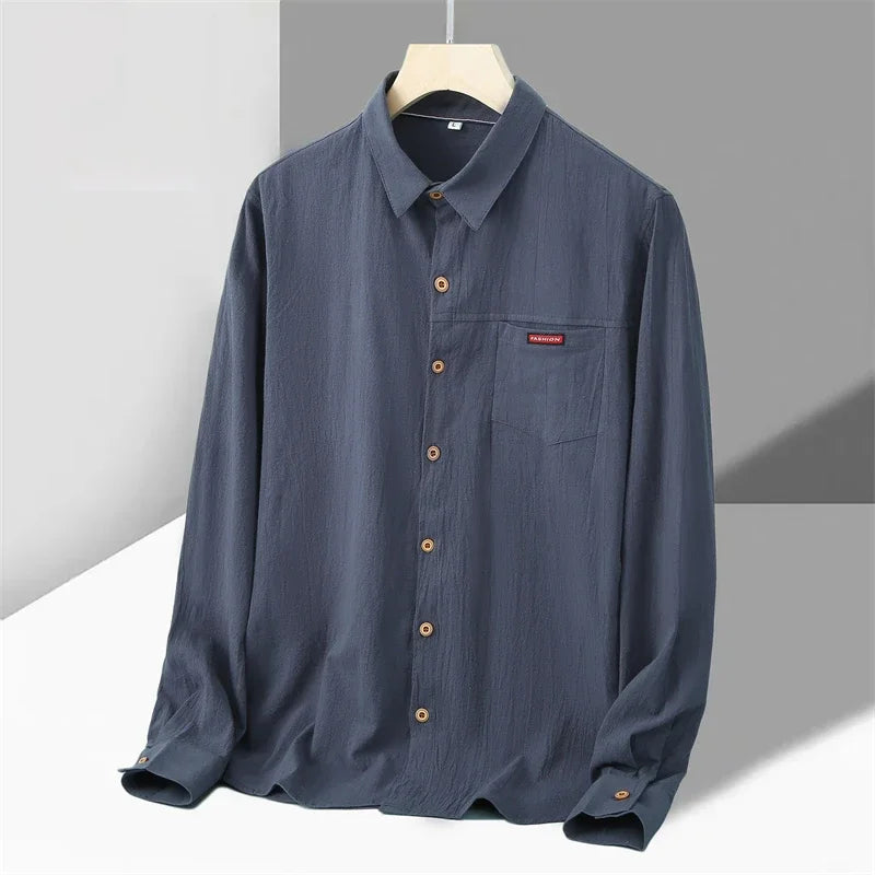 Solvbao - Cotton Long-sleeved Shirt Japanese Solid Color Men Shirts Oversized Male Blouses 2024 Spring Casual Large Size Clothing