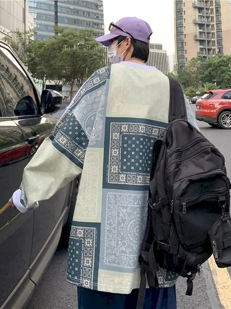 Solvbao - Men's Oversize Long Sleeve T-shirt Crew Neck Street Men T-Shirt Cashew Flower Patchwork Long Sleeved Casual T-Shirts Man HIP HOP