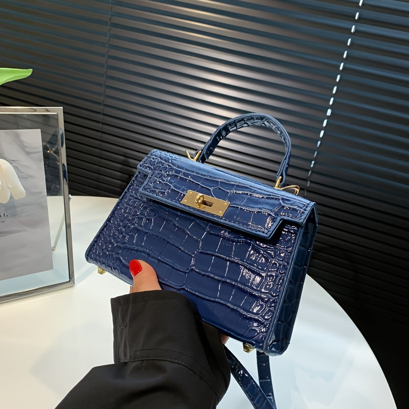 solvbao Crocodile Pattern Mini Handbag, Luxury Design Crossbody Bag, Women's Top Handle Flap Purse