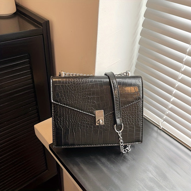 Crocodile Pattern Square Bag, Retro Chain Crossbody Bag, Women's Buckle Shoulder Purse