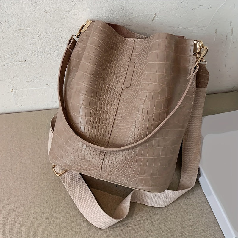solvbao Fashion Crocodile Print Bucket Bag, Solid Color Shoulder Bag, Perfect Crossbody Bag For Daily Use