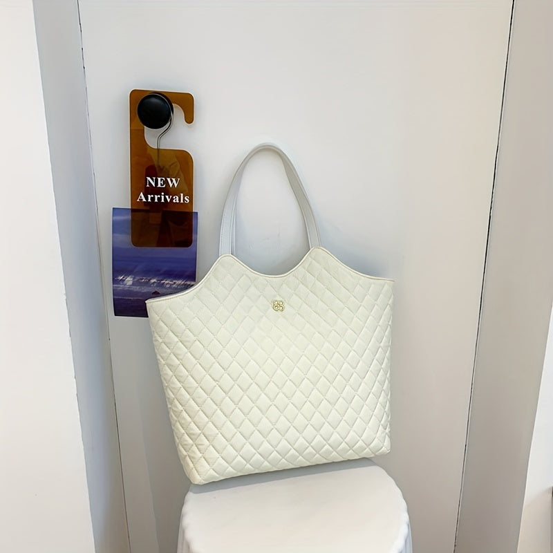 solvbao Argyle Quilted Tote Bag, Large Capacity Shoulder Bag, Women's PU Leather Commuter Handbag