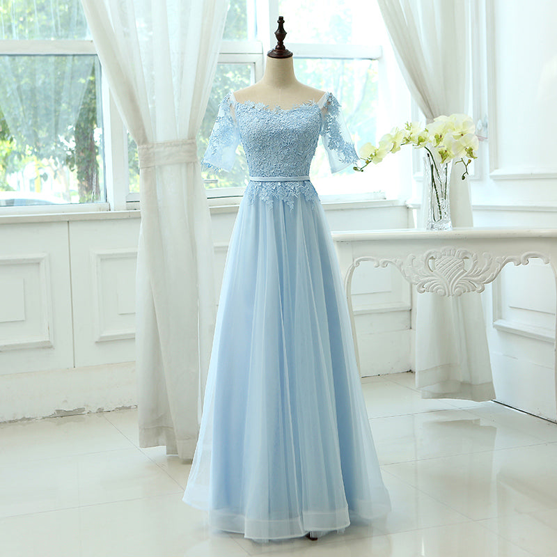 Solvbao Light Blue Tulle Long Party Dress with Sleeves, Lace A-line Blue Bridesmaid Dress