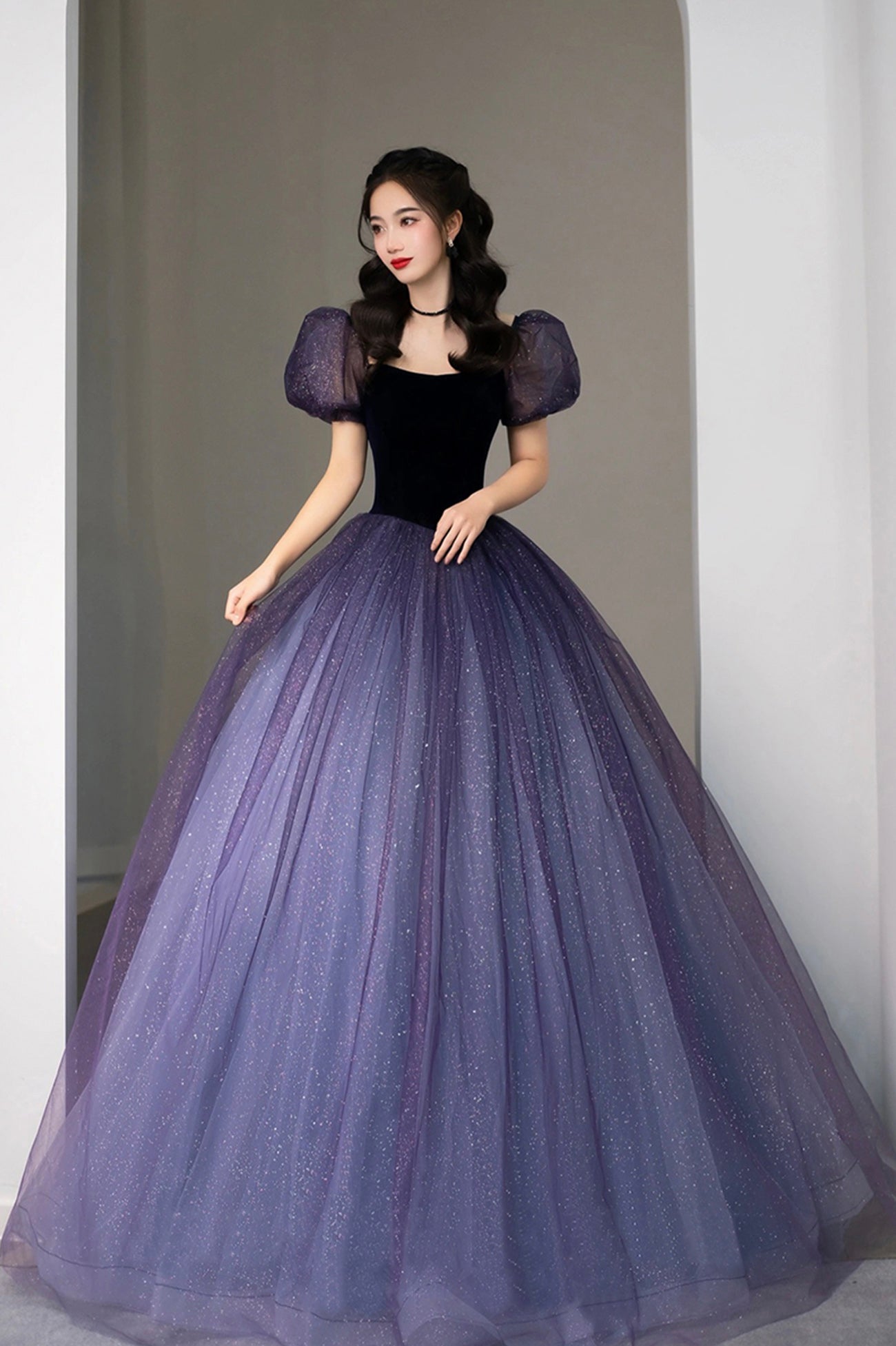 solvbao Purple Tulle Short Sleeve Formal Dress, Cute A-Line Evening Dress
