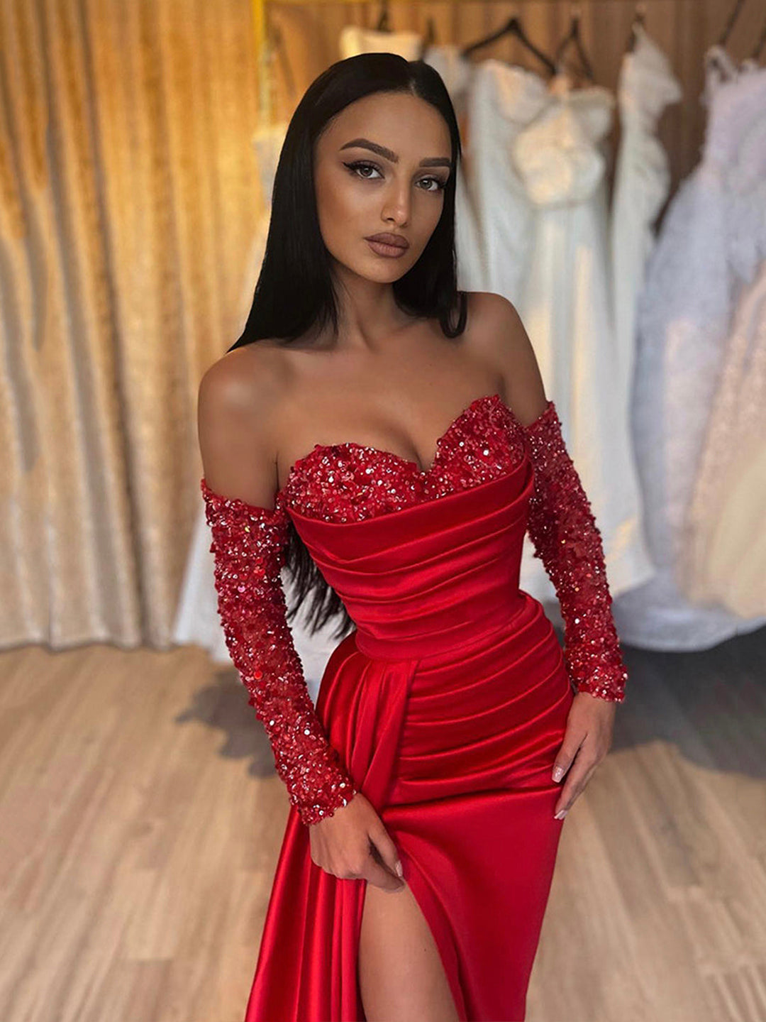 solvbao Red Sheath Sweetheart Sequins Prom Dress, Long Sleeves Red Formal Dress