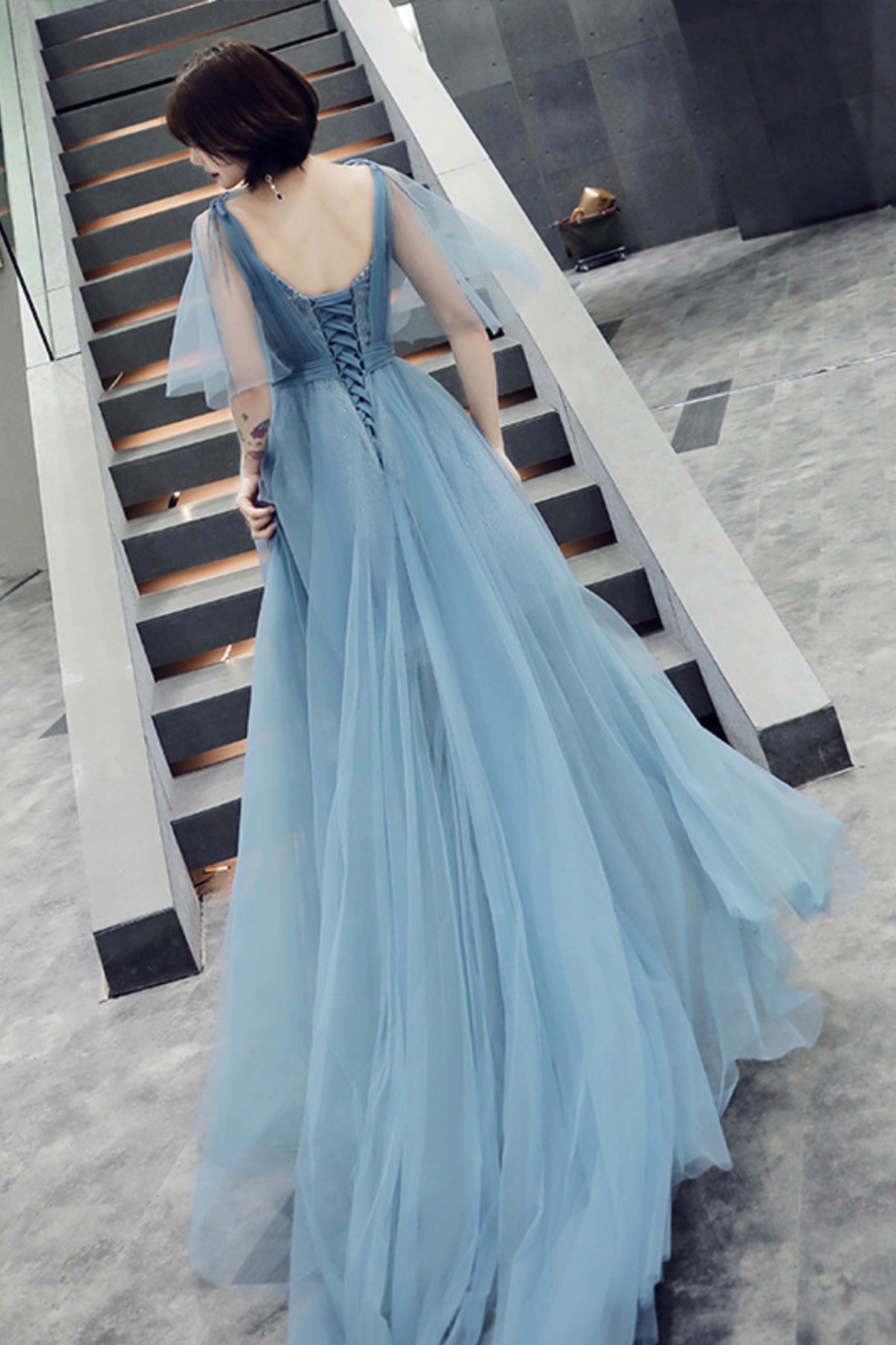 solvbao Blue V-Neck Tulle Long Prom Dreses, A-Line Evening Dresses