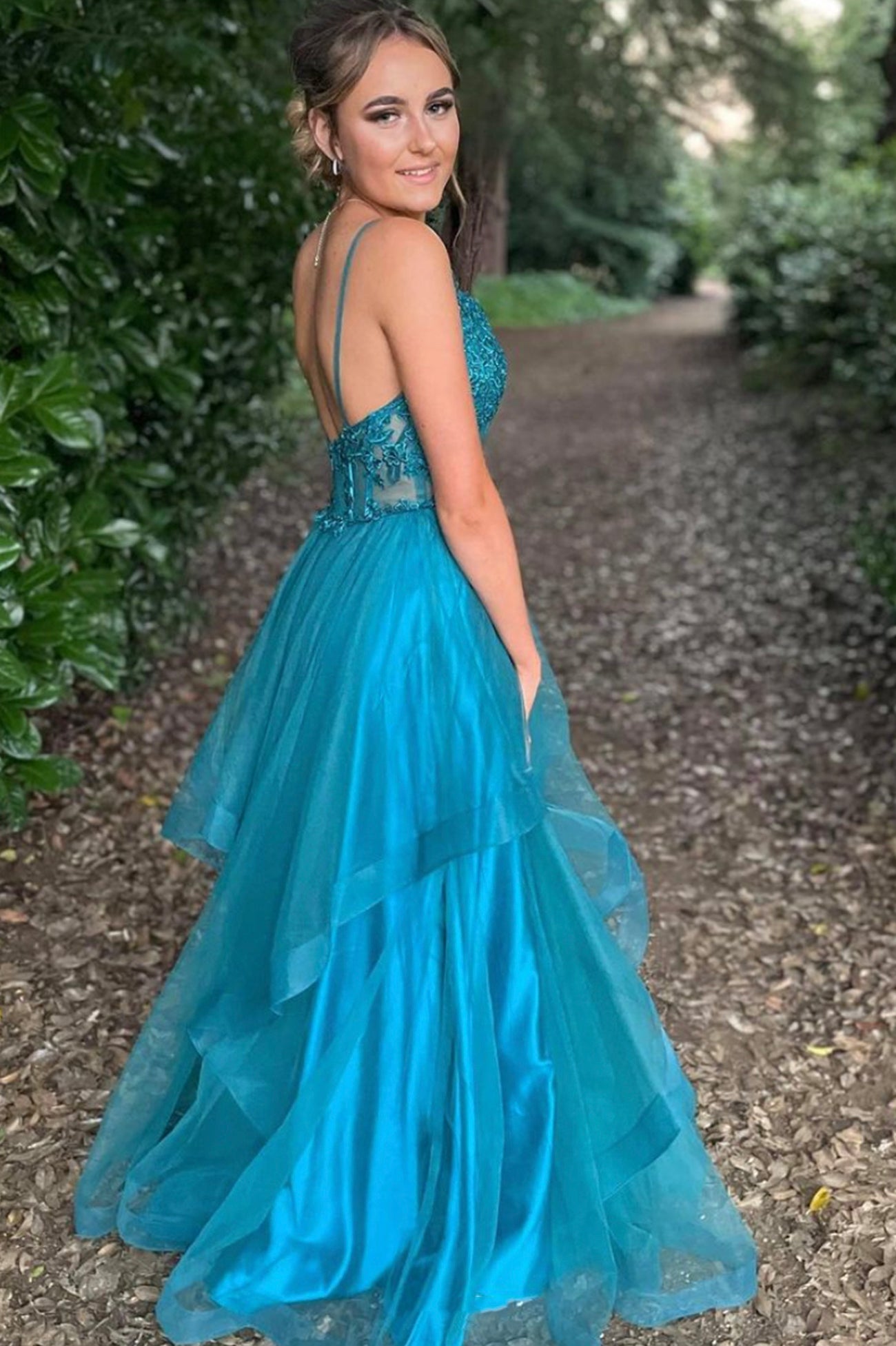 solvbao Blue Tulle Lace Long Prom Dresses, A-Line Backless Evening Dresses