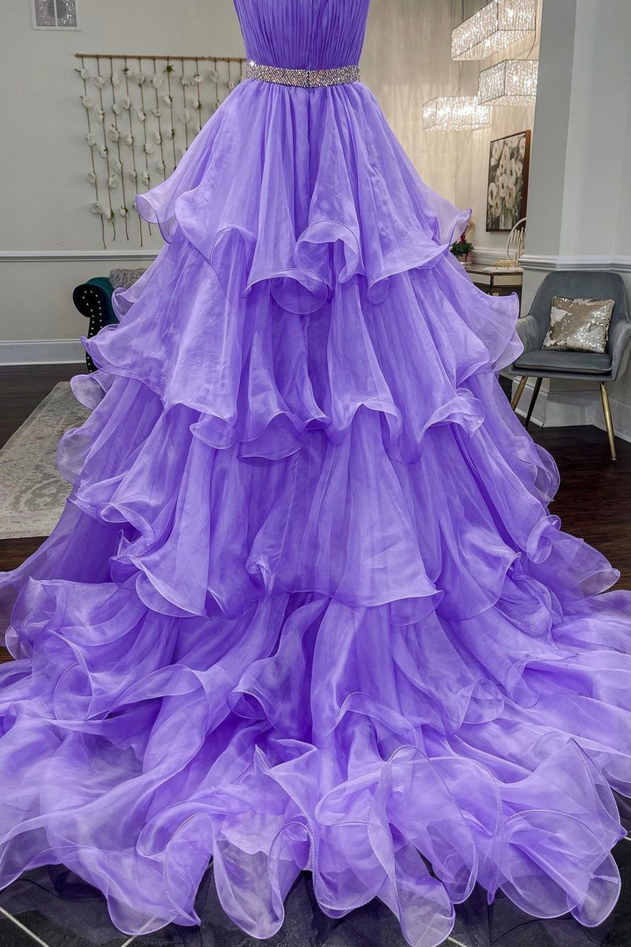 solvbao Purple Strapless Organza Long Prom Dress, Princess Quinceanera Dresses