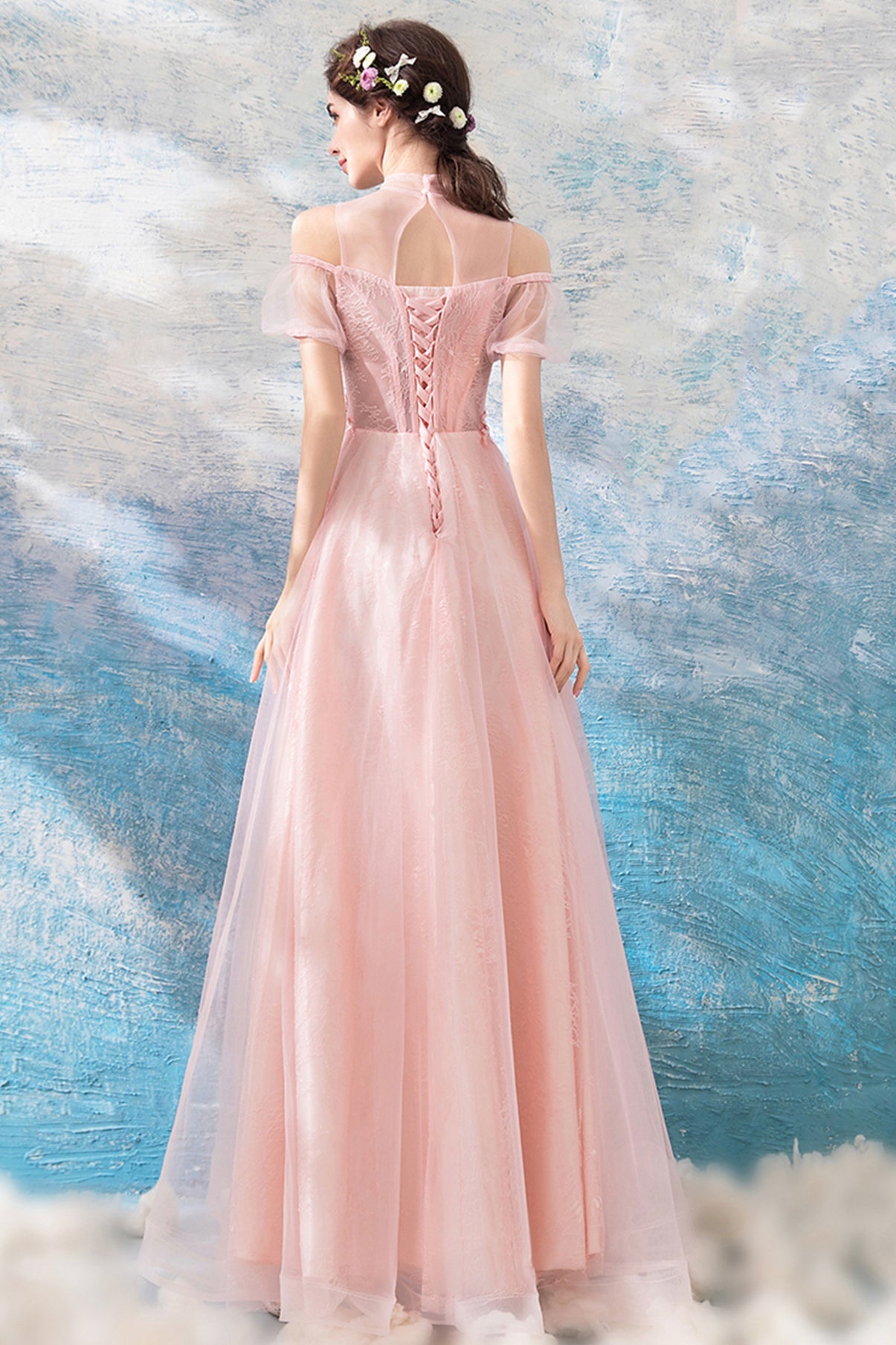 solvbao Pink Lace Long A-Line Prom Dresses, Lovely Pink Evening Dresses