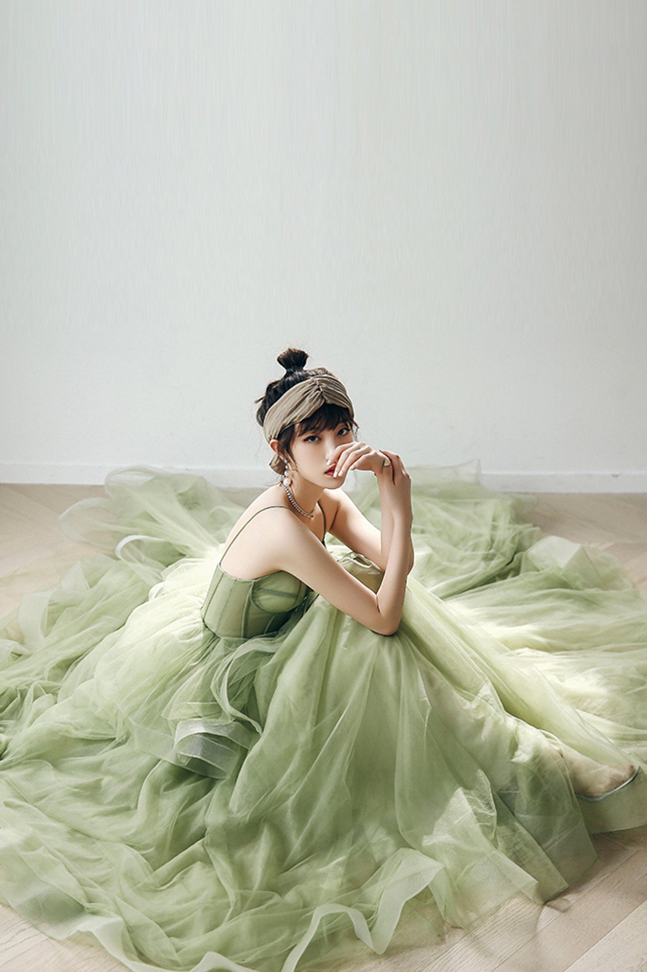 solvbao Green Tulle Long A-Line Evening Dress, Green Spaghetti Straps Prom Dress