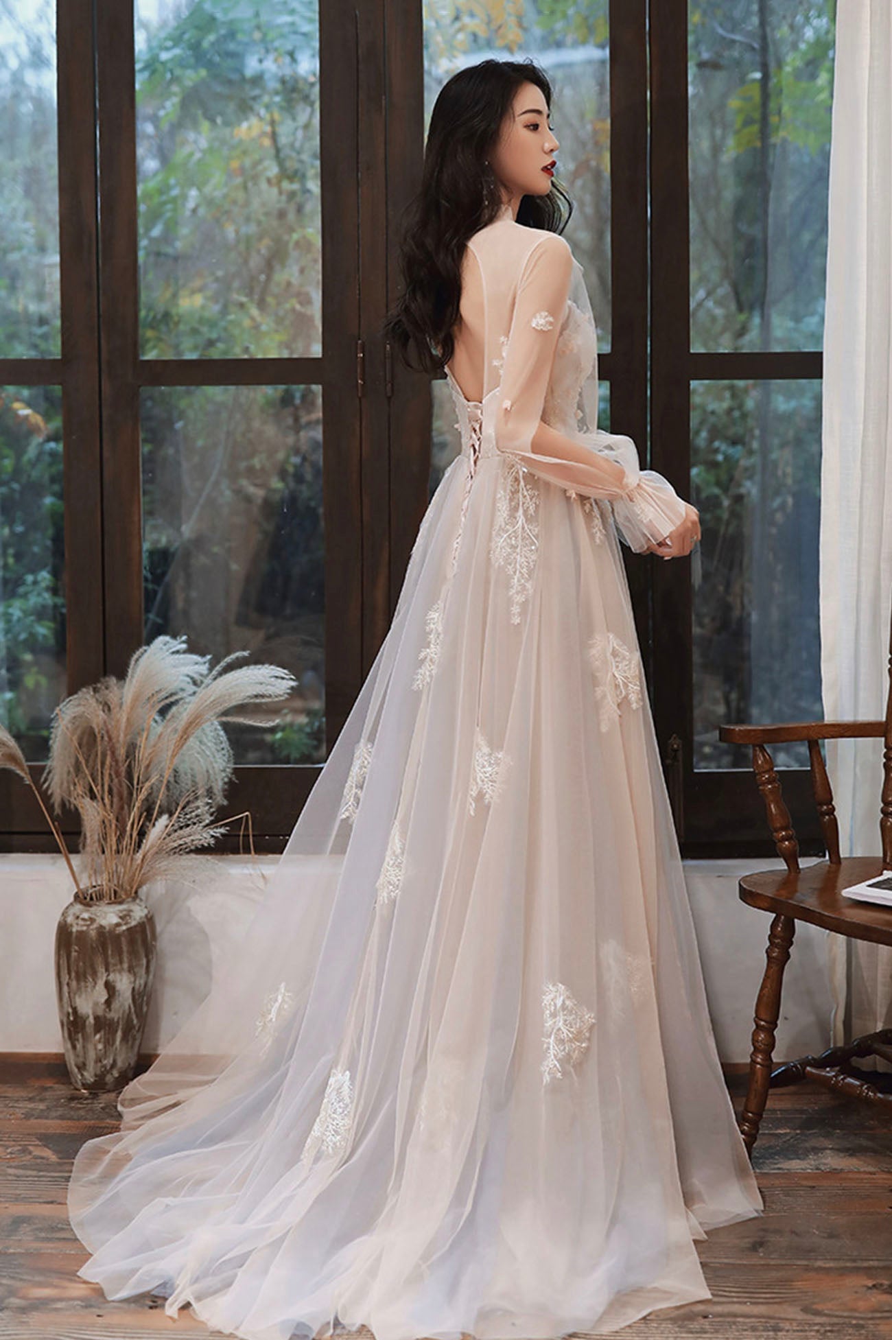 solvbao Lovely Lace Long A-Line Formal Dress, Long Sleeve Evening Dress