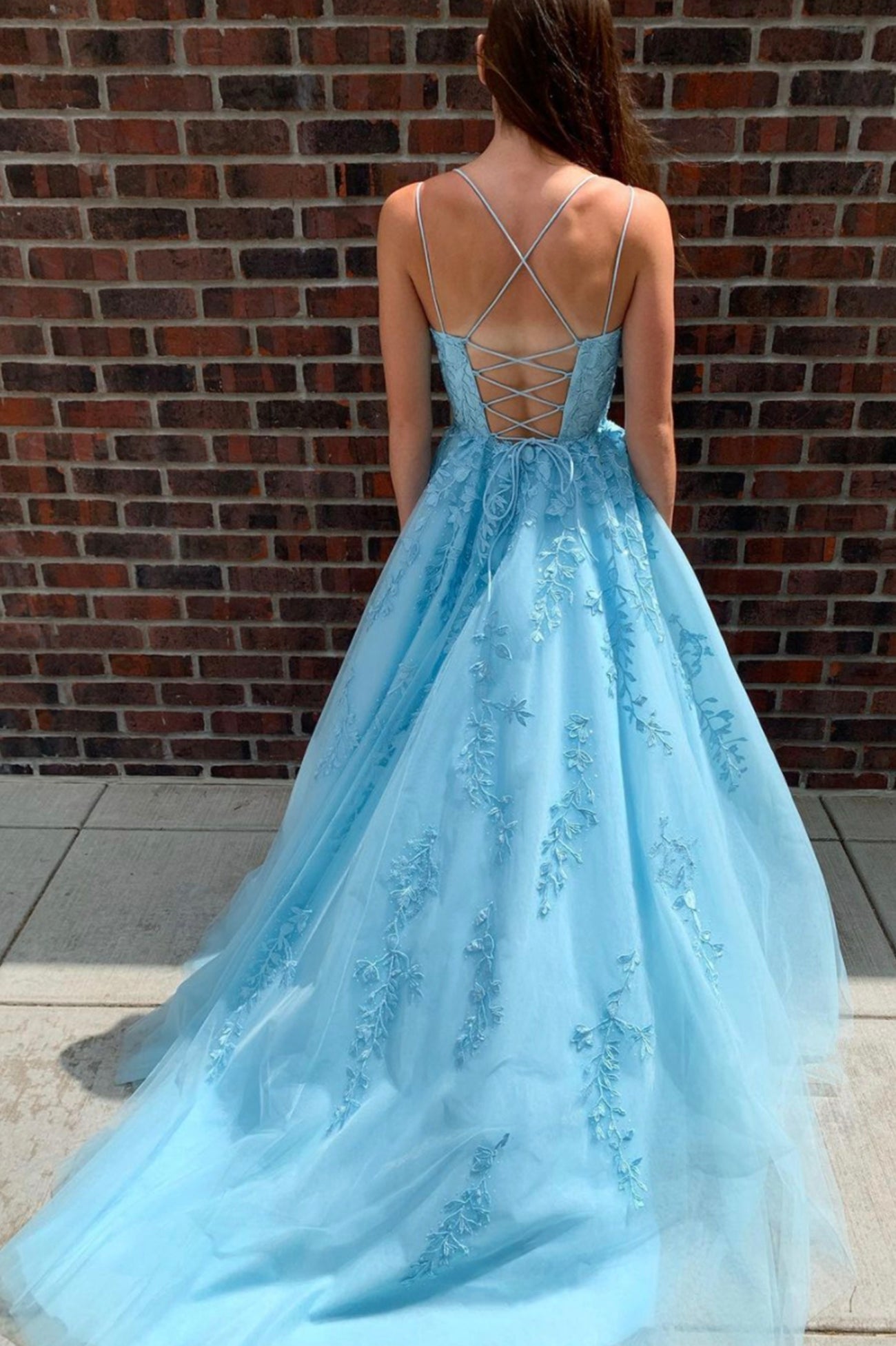 solvbao Blue Tulle Lace Long Prom Dresses, A-Line Graduation Dresses