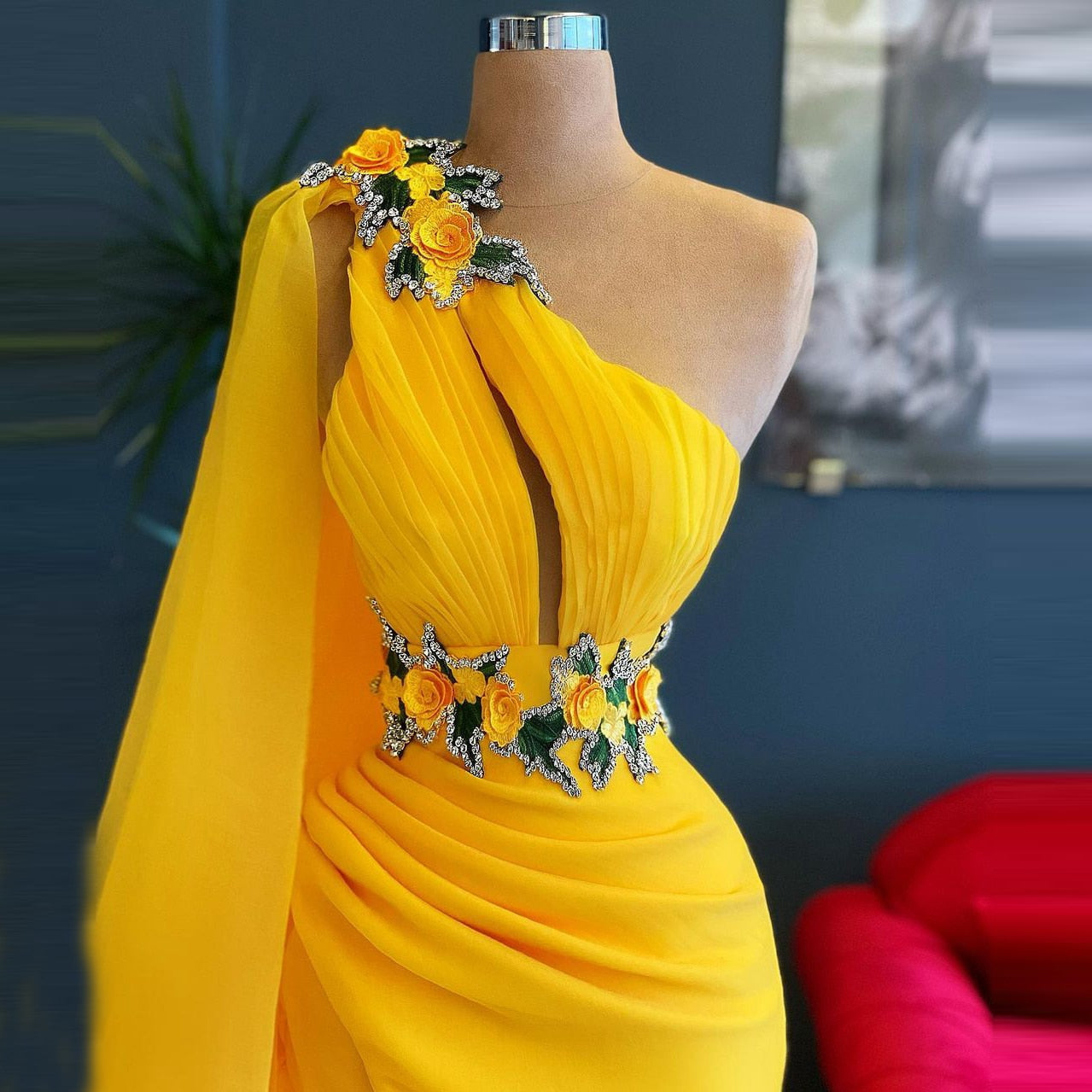 Charming Yellow One Shoulder Mermaid Evening Dresses Sleeveless Side Split Crystals Women Pageant Dressing Gowns mh225
