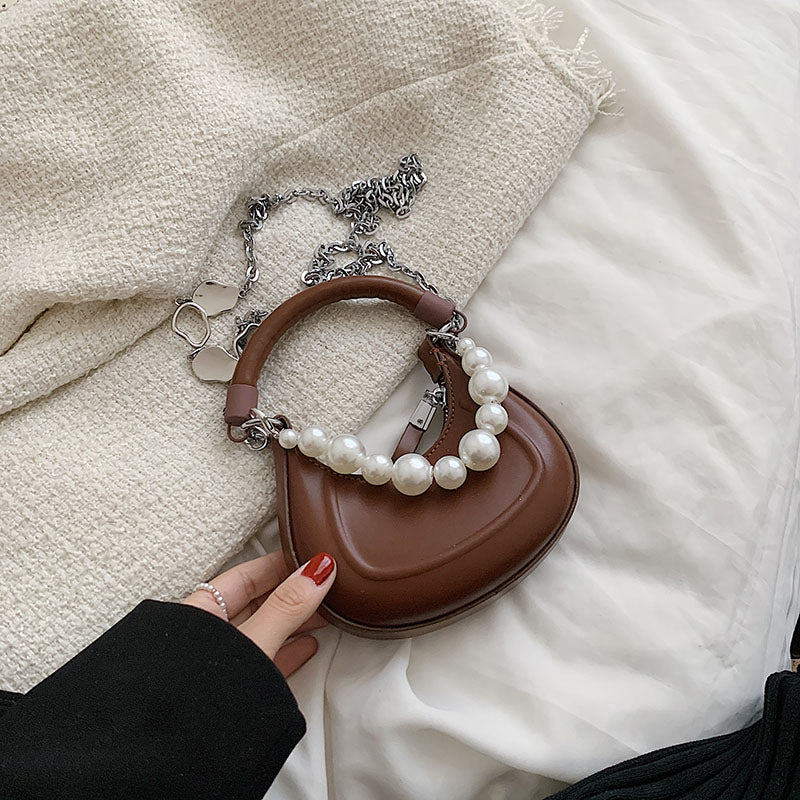 Back To College Kawaii Tote PU Leather Half Moon Armpit Bag With Pearl Short Handle Women's Designer Handbag Luxury Shoulder Crossbody Bag