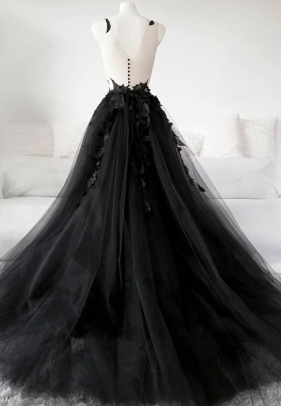 solvbao Black Tulle Lace Long Prom Dress, Black Formal Graduation Dress