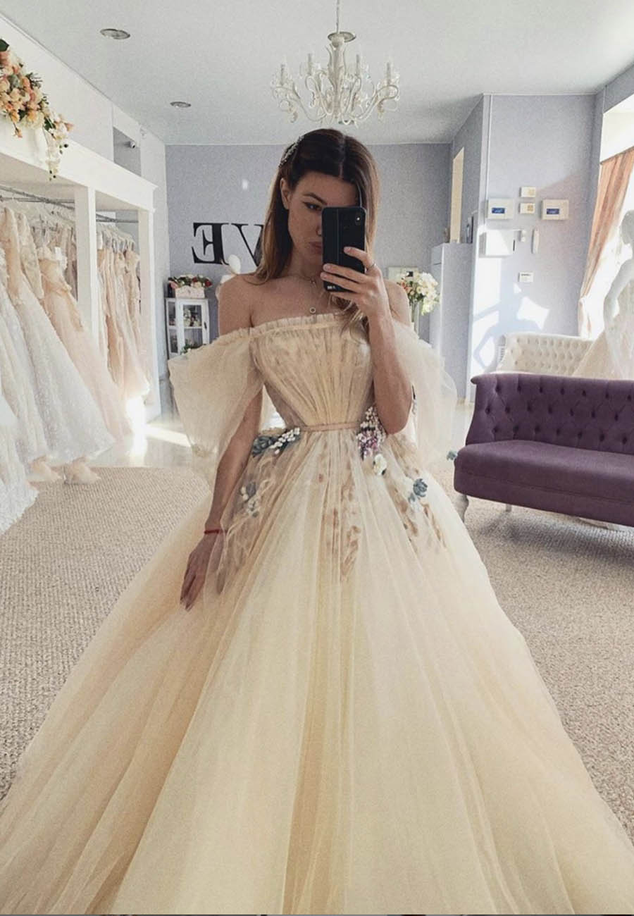 solvbao Champagne Tulle Long Prom Dresses, A-Line Evening Dresses