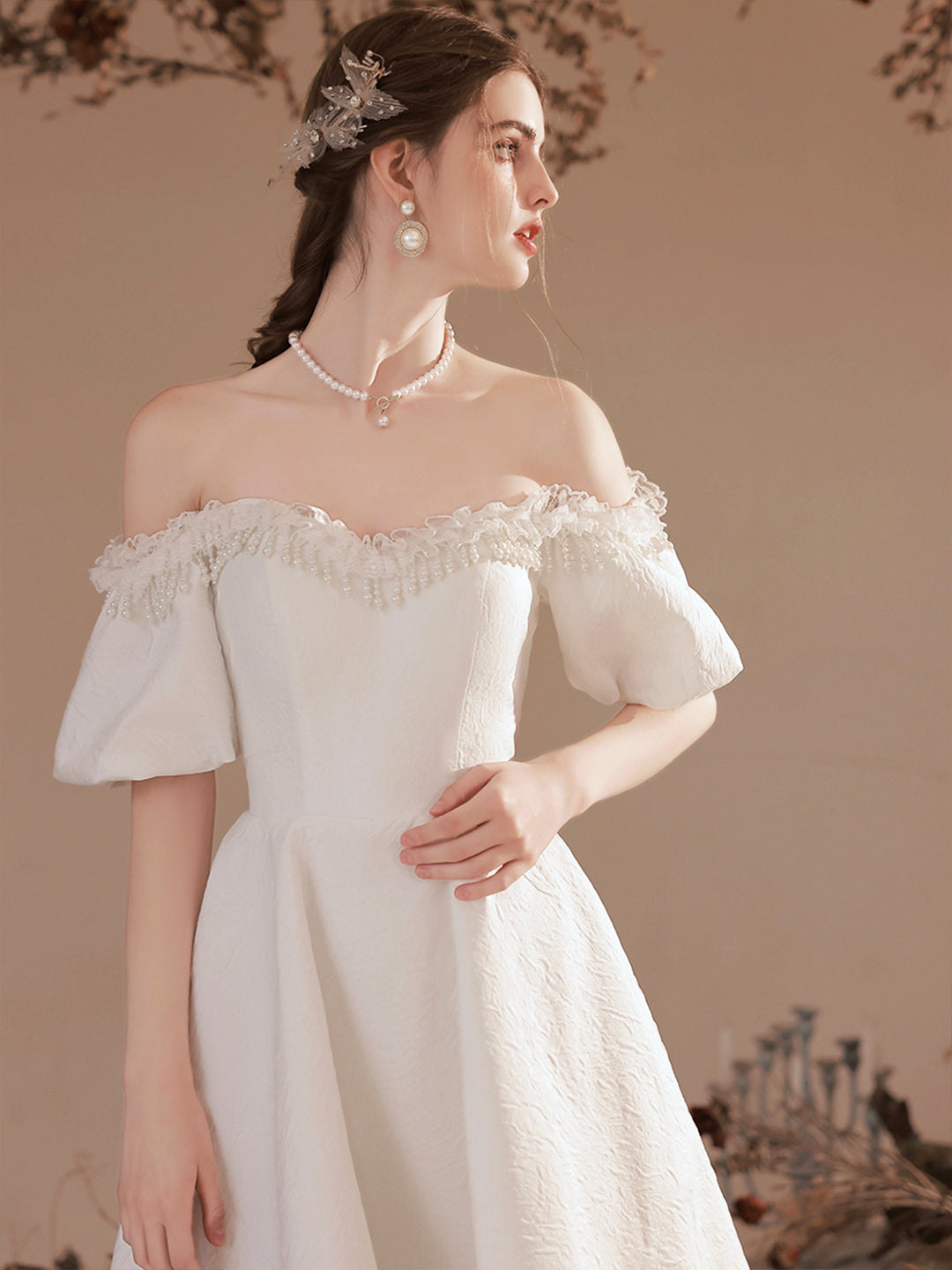 solvbao Cute Off-Shoulder Short Prom Dresses, White A-Line Evening Party Dresses