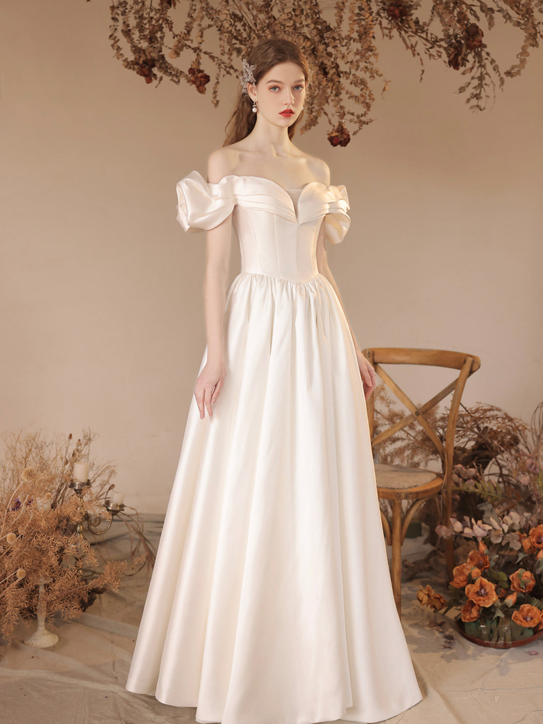 solvbao White Satin Floor Length Formal Dress, A-Line Off Shoulder Evening Dress Prom Dress