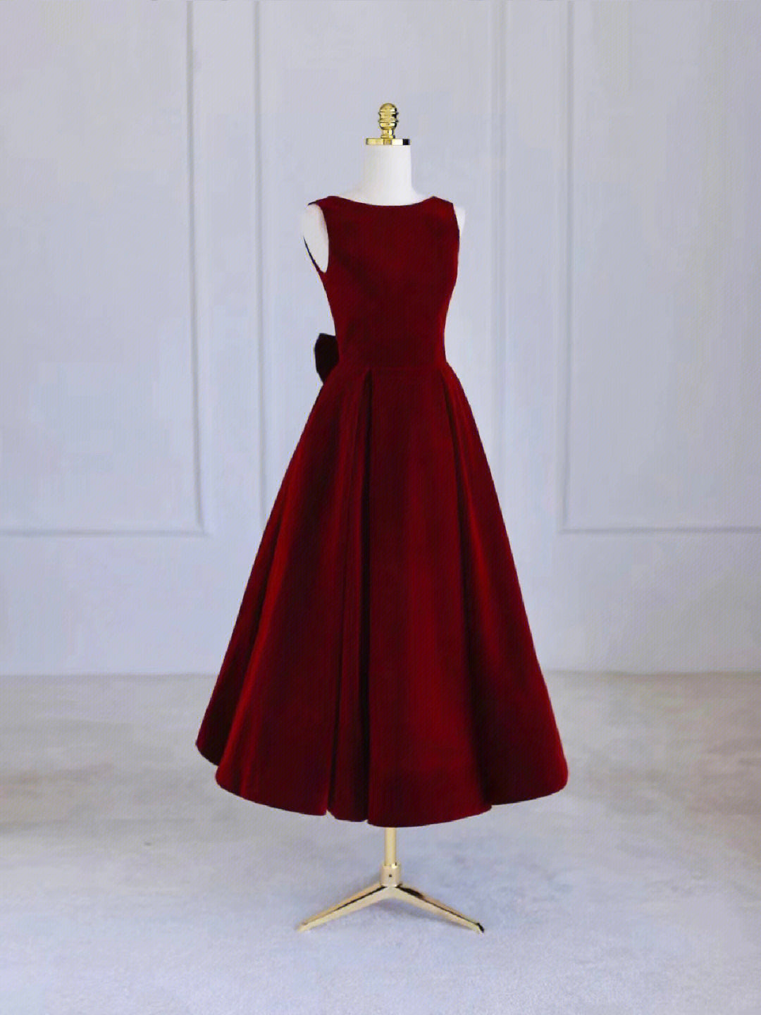 solvbao Burgundy Tea Length Velvet Prom Dress with Bowknot, Burgundy Evening Party Dress