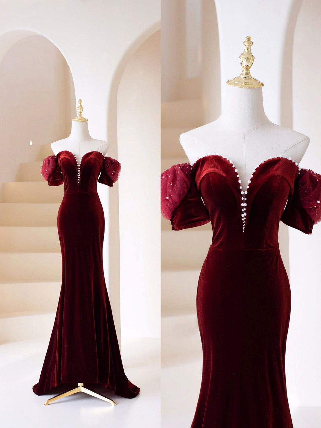 solvbao Burgundy Velvet Long Prom Dress, Mermaid Off Shoulder Evening Party Dress