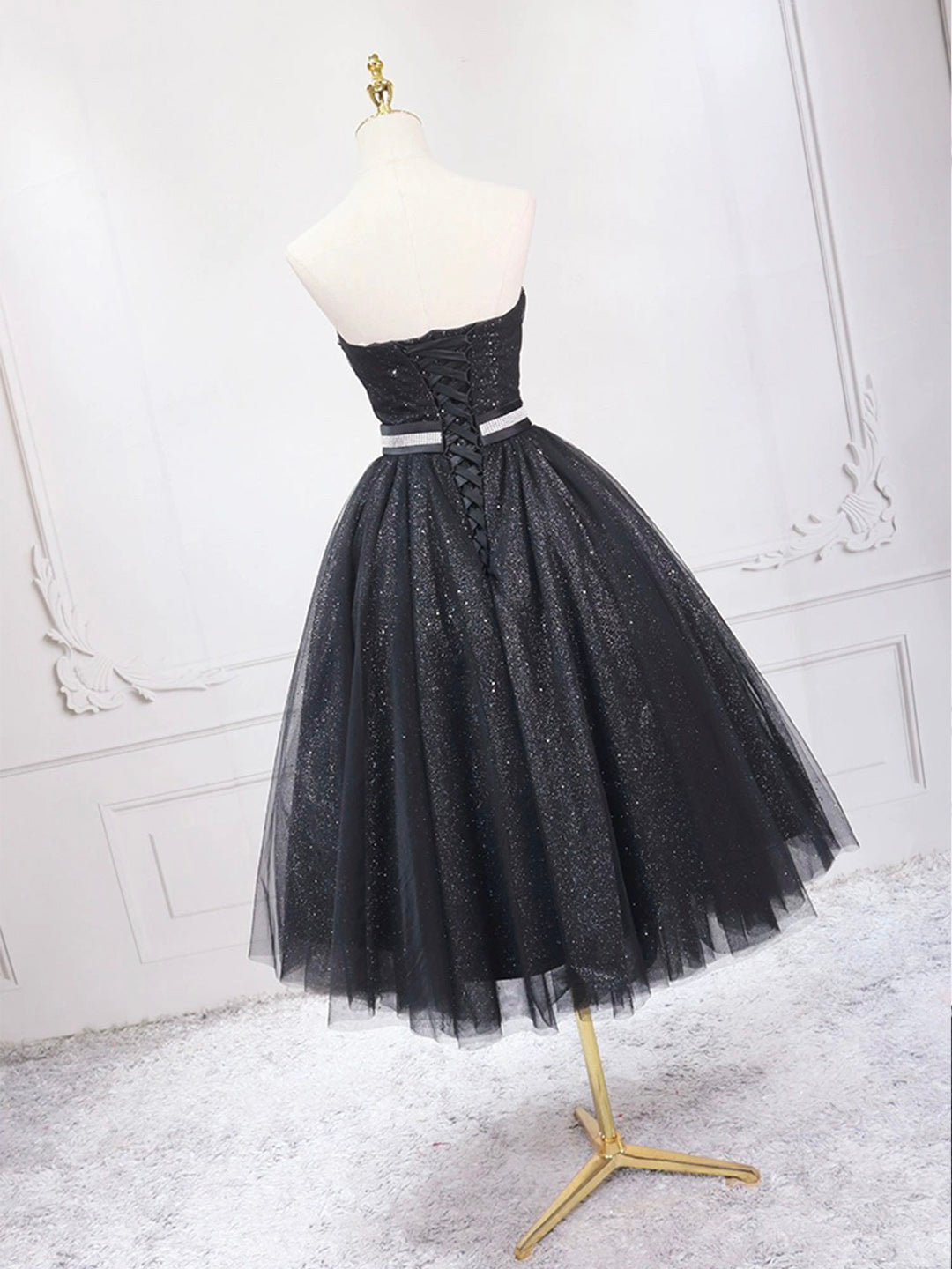 solvbao Black Shiny Tulle Tea Length Prom Dress, Black Strapless A-Line Party Dress