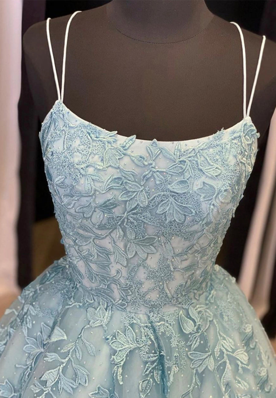 solvbao Blue Lace Long Prom Dresses, A-Line Formal Evening Dresses