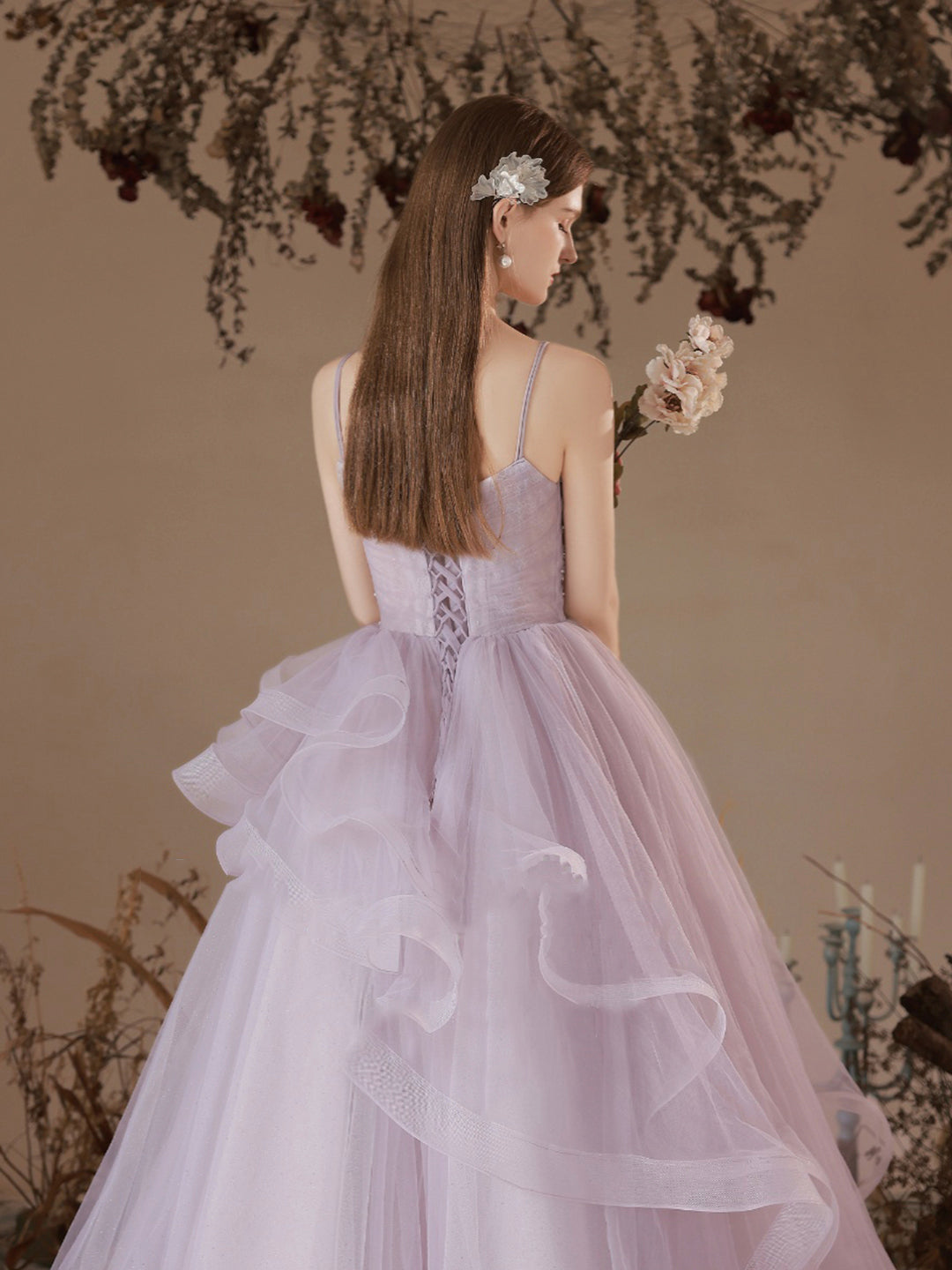 solvbao Beautiful Light Purple Tulle Long Prom Dress, Purple A-Line Straps Evening Formal Dress