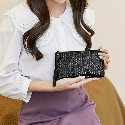 Crocodile Embossed Wallet, Women's PU Leather Clutch Purse, Fashion Zipper Handbag With Wristlet