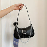 solvbao  Y2K Denim Crossbody Handbag, Chain Decor Shoulder Bag, Buckle Decor Stitch Chain Baguette Bag