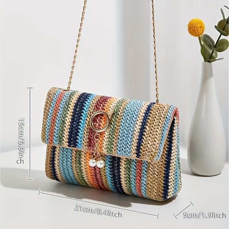 solvbao  Rainbow Straw Woven Beach Bag, Fashion Chain Crossbody Bag, Colorful Stripes Square Purse