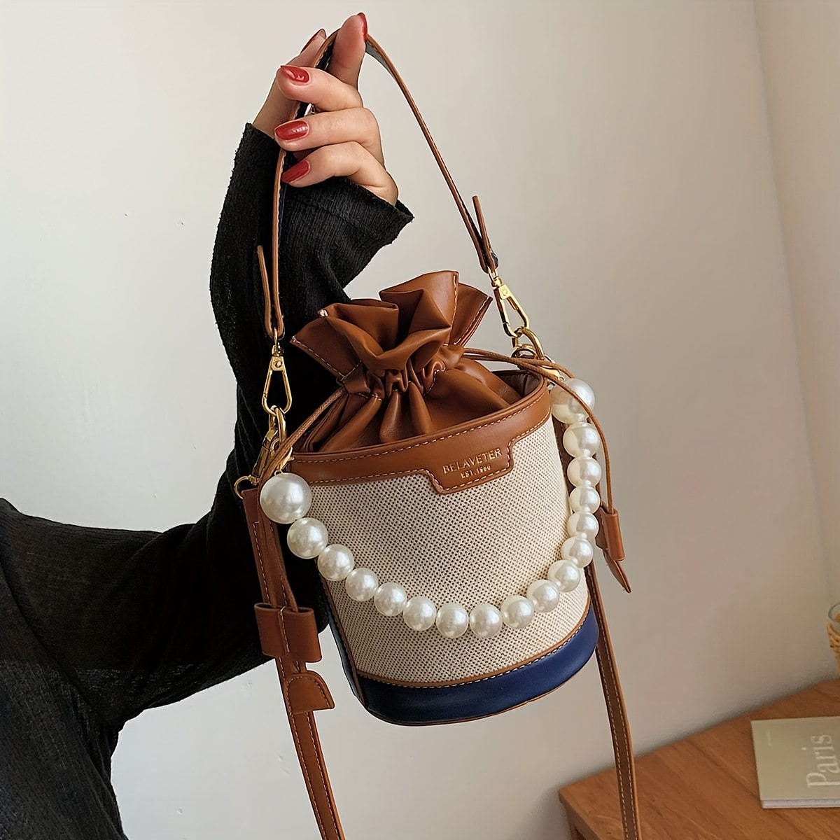 solvbao  Stylish Crossbody Bucket Bag, Faux Pearl Decor Shoulder Bag, Drawstring Handbag, Mini Satchel Bag