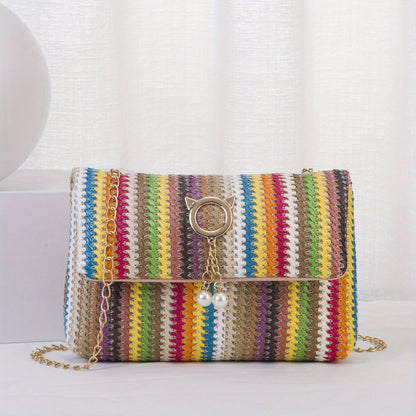 solvbao  Rainbow Straw Woven Beach Bag, Fashion Chain Crossbody Bag, Colorful Stripes Square Purse