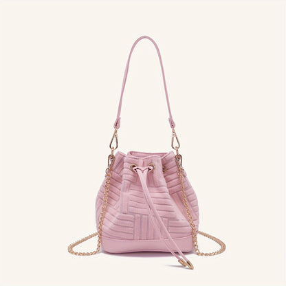 solvbao  Mini Drawstring Metal Chain Crossbody Bucket Bag, Dacron Textured Bag Purse, Classic Versatile Fashion Shoulder Bag