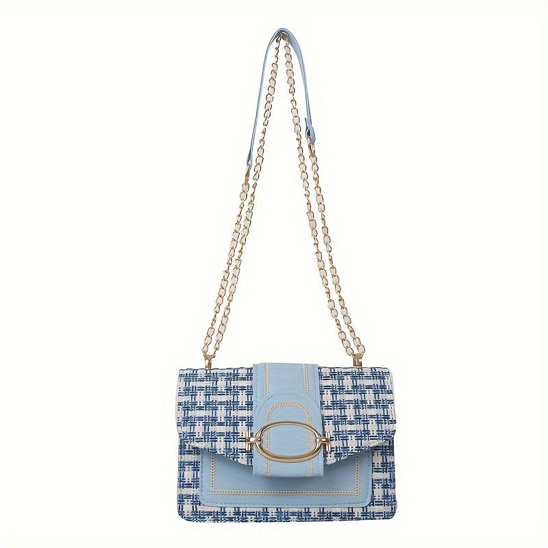 solvbao  Luxury Tweed Crossbody Bag, Fashion Plaid Square Purse, Women's Stylish Chain Shoulder Bag