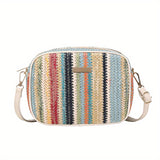 Trendy Colorful Straw Square Bag, Zipper Shoulder Bag, Stylish Niche Woven Crossbody Bag