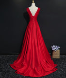 solvbao Red V-neckline Floor Length Satin Junior Prom Dresses, Red Party Dresses, Pretty Party Dresses