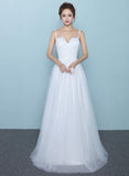 solvbao Simple White Tulle and Lace Straps Long Bridal Gown, Simple Wedding Dress, Beautiful Prom Gown