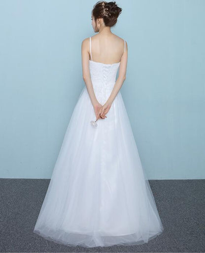 solvbao Simple White Tulle and Lace Straps Long Bridal Gown, Simple Wedding Dress, Beautiful Prom Gown