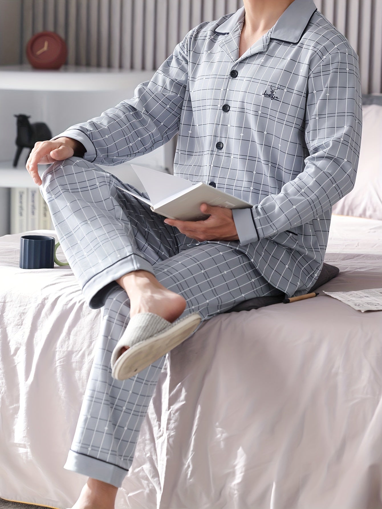 100.00% Cotton 2 Pcs Men's Simple Plaid Lapel Long Sleeve & Trousers Pajama Set, Comfortable & Skin-friendly Style Pajamas For Men's Cozy Loungewear