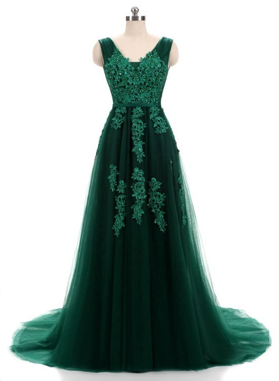 Solvbao Beautiful Dark Green V-neckline Backless Party Dress, Tulle Formal Dress Bridesmaid Dress