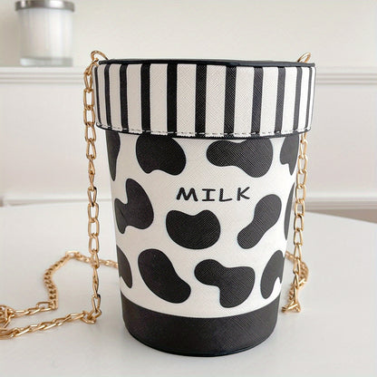 solvbao  Personality Creative Cow Pattern Bucket Crossbody Bag, Small Cute PU Leather Chain Purse